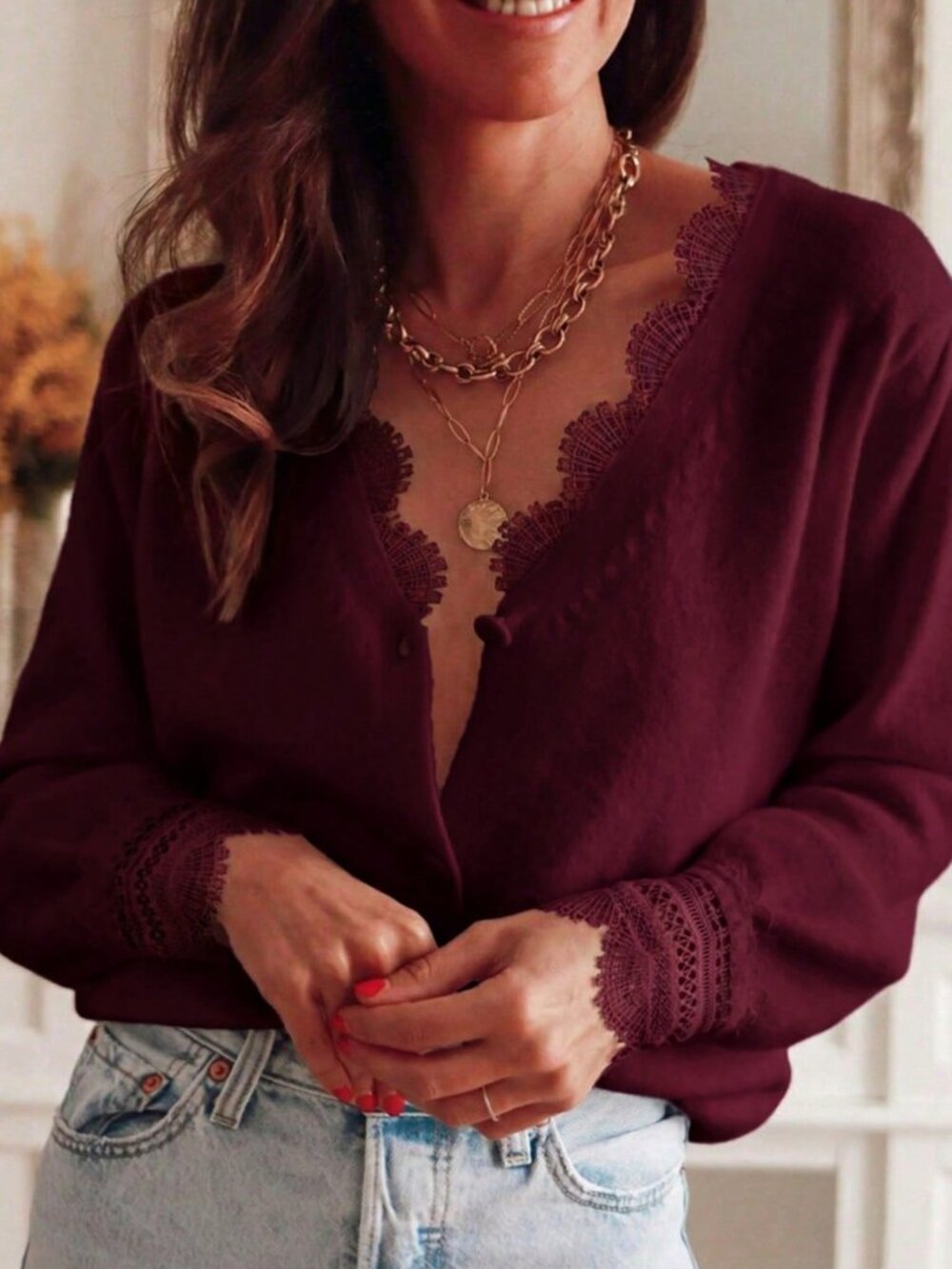 Burgundy Casual Women's Loose Fit Lace Trim V-Neck Knit Cardigan - Picture 4 of 9